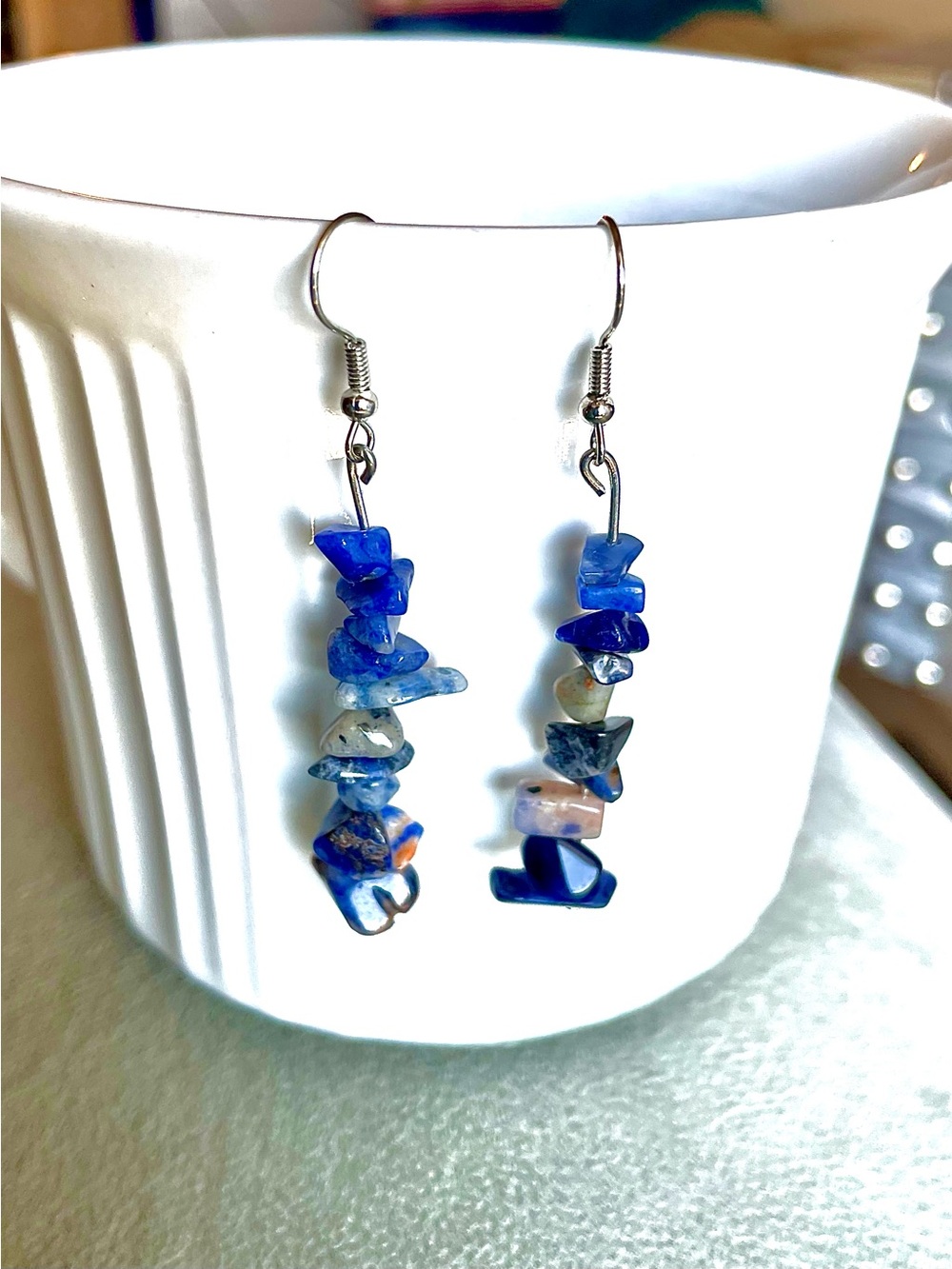 Handmade Blue Chip Stone Dangle Earrings
